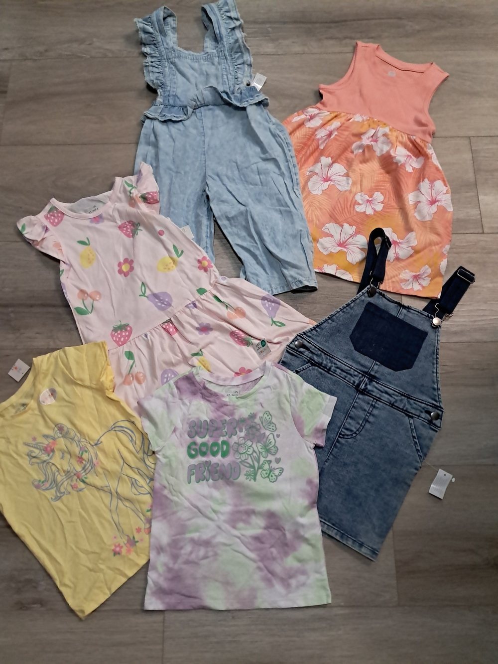 Girls Mixed Summer Dress & Top Bundle - Pastel Floral, Tie-Dye & Denim